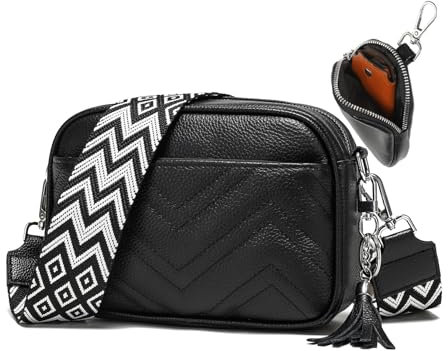 KUNKUN Sac Bandoulière Femme Cuir Sac A Main Femmes Bandoulieres Noir Petit Sac Bandouliere Sacs à Bandoulière avec Bandoulière de 5 cm de Large avec Porte Monnaie