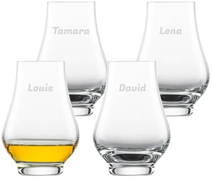 LUXENTU Whiskygläser mit Gravur, Name horizontal, 322 ml, 4 Stück | Personalisierter Nosing Tumbler für Wiskey-Liebhaber zum Geburtstag oder Männerabende, Spülmaschinenfest