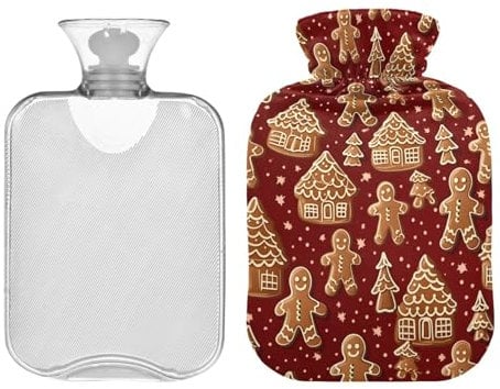 Christmas Gingerbread Man Hot Water Bottle with Soft Cover, 1 Liters Hot Water Bag for Tummy Cramps Neck and Shoulder Waist Pain Relief, Hot and Cold Therapies