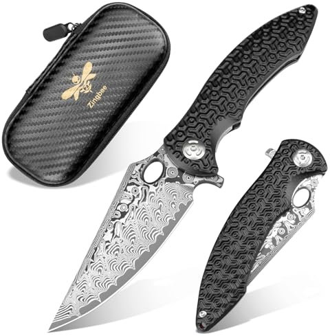 Zingbee Damast Taschenmesser Hochwertig, VG10 Damaststahl Klinge, Damastmesser Klappmesser EDC Einhandmesser, Edles Design mit Liner Lock, Aluminiumgriff, ideal für Camping, Wandern, Sammeln und Jagen