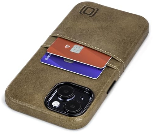 Dockem Exec M2 Funda para iPhone 15 con Tarjetero Cartera y Placa de Metal Integrada para Montaje Magnético: 2 Bolsillos para Tarjetas: Carcasa de Cuero Sintético Premium (Marrón Claro)