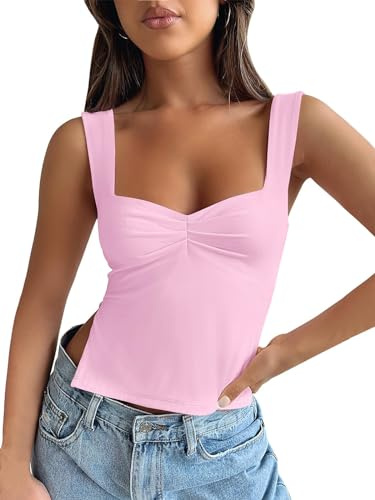 YILEEGOO Women Sexy Sleeveless One Shoulder Crop Tank Tops Ruched Tight Slim Fitted Workout Y2K Vest Top Trendy Cami Going Out Tops (Z7 Pink, L)