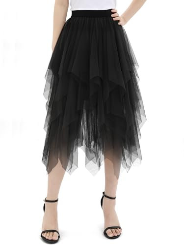 zffriction Tüllrock Damen Lang Tüll Rock Elastische Taille A Linie Unregelmäßiger Mesh Sommerrock Täglich, Party, Karneval (Einheitsgröße, Schwarz)
