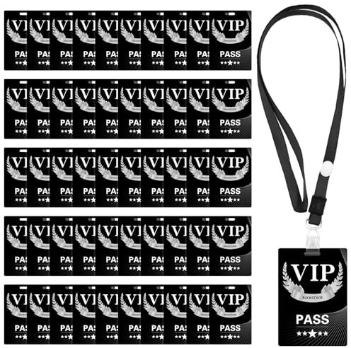 50 Sets VIP Abzeichen Lanyards mit Kunststoff VIP Pass Karten VIP Lanyards Sicherheitskarten Schwarze Schlüsselbänder für Backstage Konzert Event Party Geburtstag 7x10cm