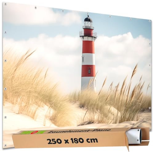 TRIOSK Sichtschutz Garten Deko Zaun Plane Blickdicht groß mit Zaunblende Motiv Leuchtturm Dünen Sand Strand für Zaunelement Doppelstabmatten Stabmattenzaun Gartenzaun PVC 250x180 cm