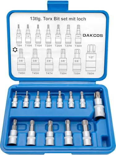 DAKCOS 13PC Tamper Proof Torx Jeu de clés à douille T8 -T60, jeu d'embouts Torx 1/4, 3/8, 1/2