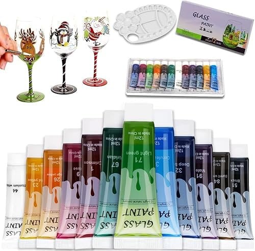 Happlee 12 Farbe Glasfarbe Glasmalfarbe Glas Farben zum Bemalen Spülmaschinenfest Wasserfest Glasfarben Weingläser Keramik Set mit Palette (12 x 12Ml) (Bunt)