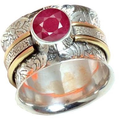 Wide Fusion Band Ring, 925 Sterling Silver Wide Band Rings for Women, Birthstone July Rings, Ruby Bridesmaid Rings Gift Spinner/Non Spinner (US Ring size 7, Ruby)