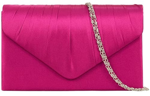 A2ZUKFashion Pochette da donna plissettata in raso elegante per matrimoni, feste nuziali, balli studenteschi, borsa a mano da donna, catena, Fucsia