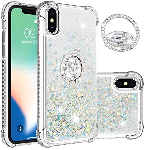 IMEIKONST Glitter Case for iPhone X with Diamonds Ring Kickstand, Liquid Sparkle Sequin Transparent Silicone TPU Bumper Shockproof Cover for iPhone XS/X. Love Silver YBZ