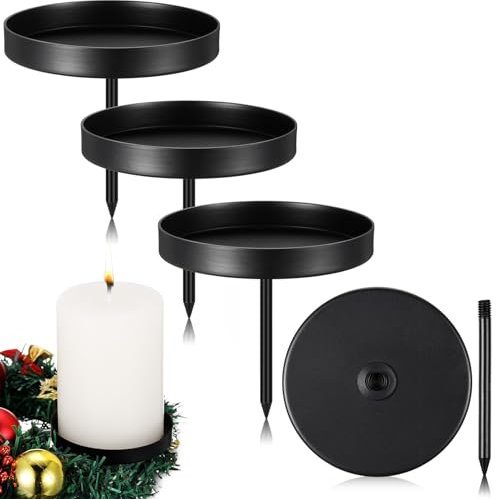 Nuenen 4 Kerzenhalter Adventskranz Kerzenhalter mit Spieß Kerzenständer Teelichthalter für Adventskranz 8,5 cm Kerzenteller Deko Kerzenständer zum Stecken Dekotablett Tablett Rund Retro (Schwarz)