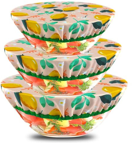 Hapihom 3 Pcs Bowl Covers Reusable in 3 Size Stretch Cotton Fabric Food Storage Covers,Elastic Bowl Cover for Food Fruits Leftover