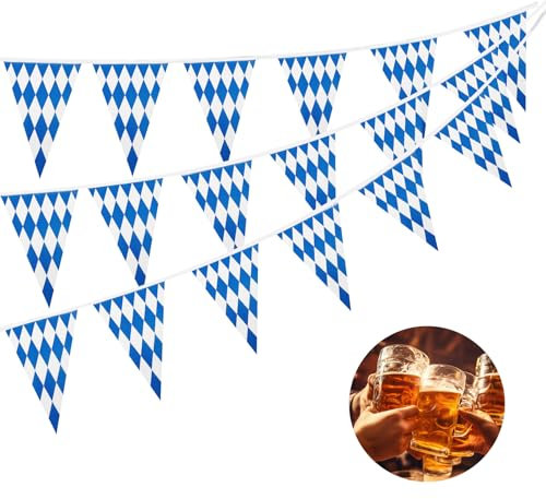 30m Oktoberfest Deko Blau Weiß Girlande,Bayrische Deko Oktoberfest,Dreieckige Bayerische Wimpelgirlanden mit 36 Wimpelfahnen,für Oktoberfest Deko Haus Garten Bar Bierzelt,Outdoor Innen