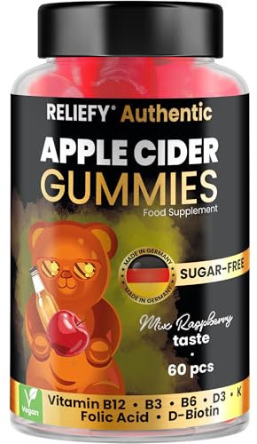 Reliefy Gummies Vinaigre de Cidre de Pomme 1000 mg – Multivitamines B3, B6, B12, D3, K, Biotine et acide folique – 60 capsules végétaliennes à haute concentration – Naturel Gommose