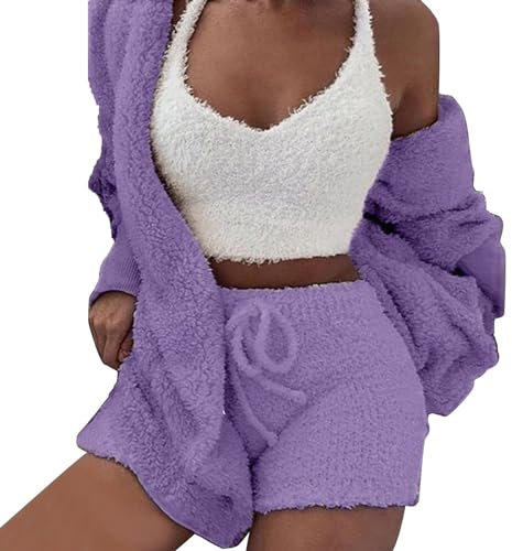 Pigiami da Donna Canotte da Donna in Pile da 3 Pezzi con Cardigan Aperto sul Davanti, Comodi Pantaloncini, Set da casa Tutone Pigiama Anziano Pigiama Donna Intero (PP1, XL)