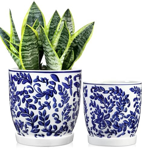 Oairse Set of 2 Blue and White Ceramic Plant Pots 13cm 11cm Ceramic Planter with Drainage Holes and Saucers Tray Indoor Plants Elegant Decorative Flower Pots for Succulent Herbs, Office or Home Decor