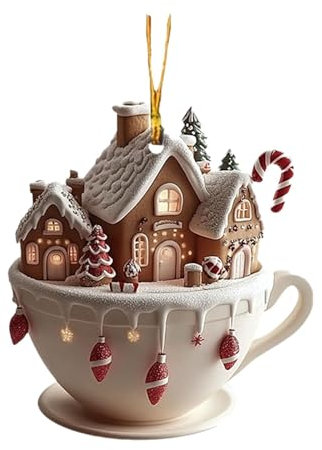 Ornements de Tasse à Café pour Arbre de Noël, Décoration de Chocolat Chaud - Maison de Neige en Acrylique 2D - Décor de Café pour Noël