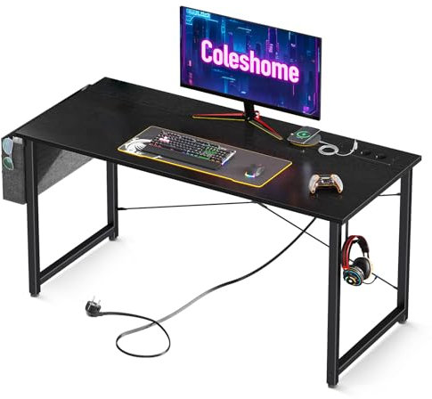 Coleshome Scrivania Piccola, 120x48cm Scrivania per Computer con Presa di Corrente, Tavolo da Gioco con Supporto per Cuffie e Borsa Portaoggetti, Tavolo da Ufficio per Casa, Ufficio, Nero