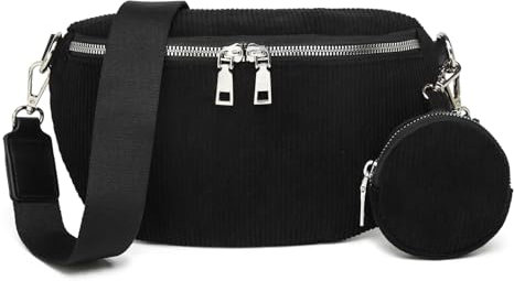 Travistar Bauchtasche Damen Cord Umhängetasche Damen Klein Crossbody Bag Damen mit Geldbörse Kreditkartenfächer Breiter Schultergurt Gürteltasche Brusttasche Damen Hüfttasche für Frauen Schwarz