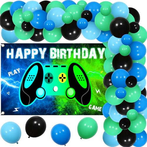 Sursurprise Video Game Birthday Decorations for Boys Blue Green, Gaming Balloon Garland Arch Kit with Game on Happy Birthday Backdrop, Gamer Fans Bday Party Supplies