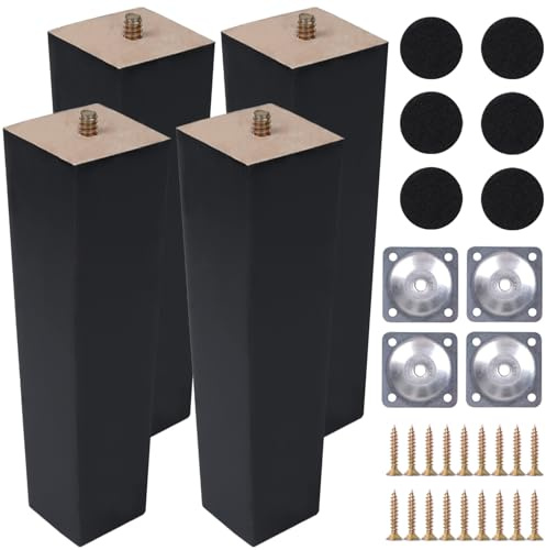 COEWUR 4 Pièces Pieds de Meuble Noir Bois 30cm Pieds de Lit avec Plaque de Montage Vis Patins en Feutre Carré Pieds Meuble Conique pour Canapé Armoire Lit Meuble TV Commode Fauteuil