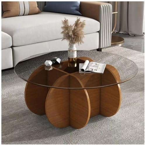 Romyqpipy Couchtisch Glas mit Holzsockel Durchmesser 80cm Glastisch Wohnzimmer Runder Kaffeetisch Beistelltisch Moderne für Sofa Home Office
