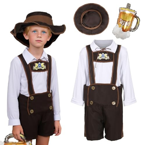 Claofoc Oktoberfest Leather Trousers for Children Boys Girls Costume Leather Trousers with Hats Tops Inflatable Beer Mugs Bavarian Beer Costume Cosplay