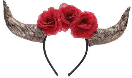 DECOMELODY Rosenblumen Hornstirnband Damen Haarband zum Tag der Toten Festival Kopfschmuck mit Stoffhörnern und Blumen für Kostümparty Cosplay