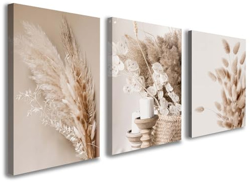 Galmcook Set of 3 Framed Canvas Wall Art 12x16 Inch Beige Botanical Minimalist Artwork Prints for Walls Wall Canvas Pictures for Living Room Bedroom Hallway Wall Decoration with Hooks and Magic Tape