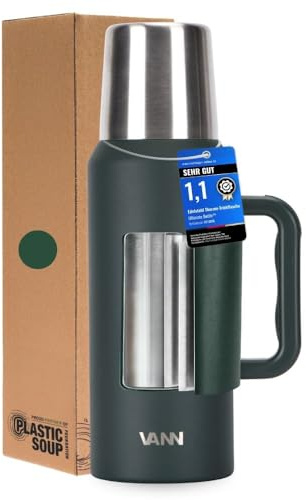 VANN Thermoskanne 1,2L - Thermosflasche mit Becher [36h kalt 24h warm] | Thermoskanne Outdoor mit Schutzhülle für den Alltag - Gefertigt zertifiziertem Edelstahl [BPA-Frei] - Termotrinflasche - Grün