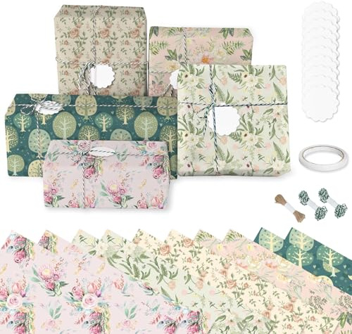 10 Fogli di Carta Regalo Compleanno per Donne e Ragazze, Carta Regalo con Motivo Floreale, Design a Fiori in Rosa e Verde, Carta da Regalo con Corda di Canapa e Etichetta in Carta Kraft