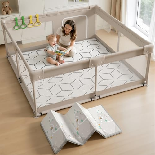 Lertantri Parque Infantil para Bebé 150x150cm, Corralito Bebe con Alfombra de Juegos Gruesa Plegable y 4 Anillas