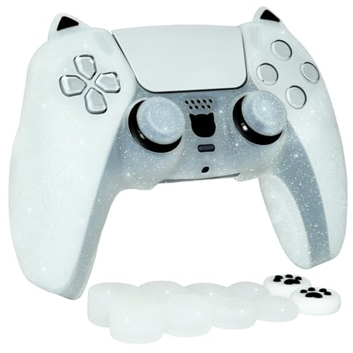 LUNISSILY Coque de protection en silicone à paillettes pour manette PS5 - Motif chat blanc - Avec 8 capuchons de pouce à paillettes et 2 capuchons de pattes de chat - Anti-chocs, anti-poussière et