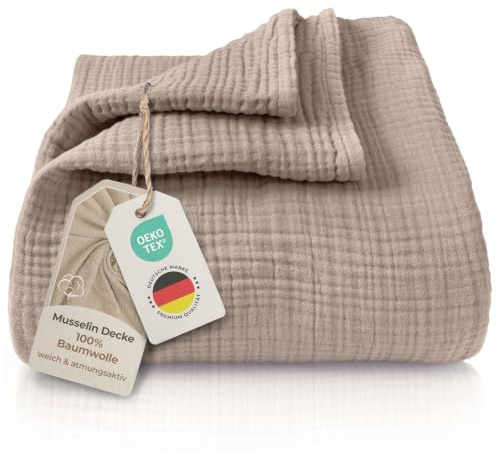 LAYNENBURG Premium Musselin Tagesdecke 150x200-100% Baumwolle - extraweiche Baumwolldecke als Kuscheldecke, Bett-Überwurf, Sofa-Überwurf, Couch-Überwurf - warme Sofa-Decke (Taupe-Stone)