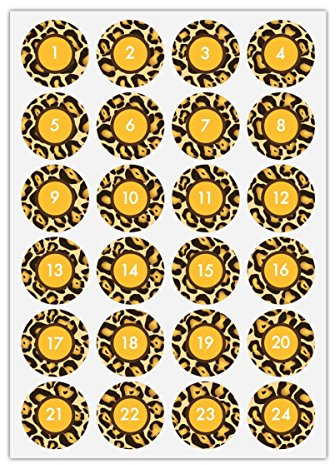 5 x 24 elegante Advents Aufkleber mit den Zahlen 1-24 mit Rahmen in Jaguar Tierfell Optik, gelb, MATTE Etiketten für Adventskalender, Geschenke, runde Sticker ø 45mm