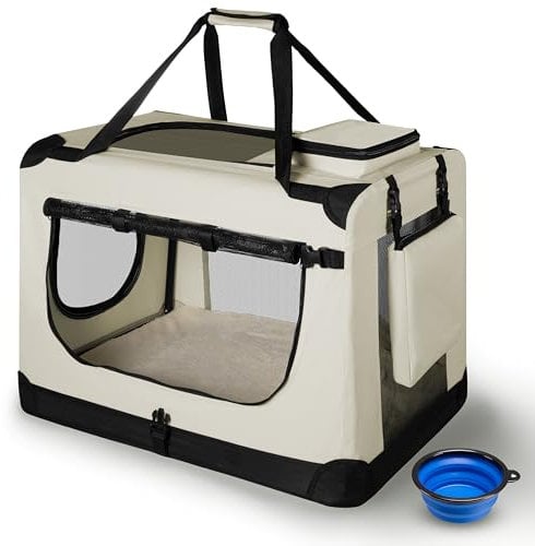 Juskys Hundetransportbox Lassie XL faltbar & tragbar 56x81x58 cm mit Decke, Tasche & Griffen - Faltbare Transportbox für Hunde, Katzen & Haustiere - Oxford Stoff Hundebox Auto Hundetasche - Beige