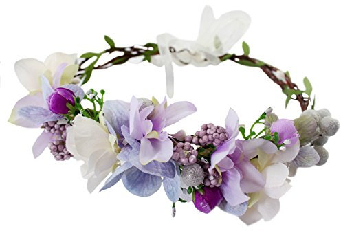 Floral Wreath Headband Bride Flower Crown Hair Wreath Hair Garland Flower Halo Floral Headpiece Boho with Ribbon Wedding Party Festival Purple, One Size
