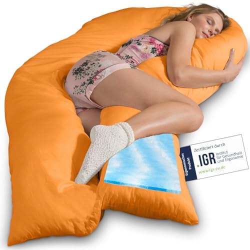 Traumreiter Seitenschläferkissen Visco XXL langes & hohes Hybrid Wendekissen mit Memory Foam [orthopädisch] + Watte Seite. Schwangerschaftskissen zum Schlafen Komfortkissen mit Bezug Baumwolle Orange