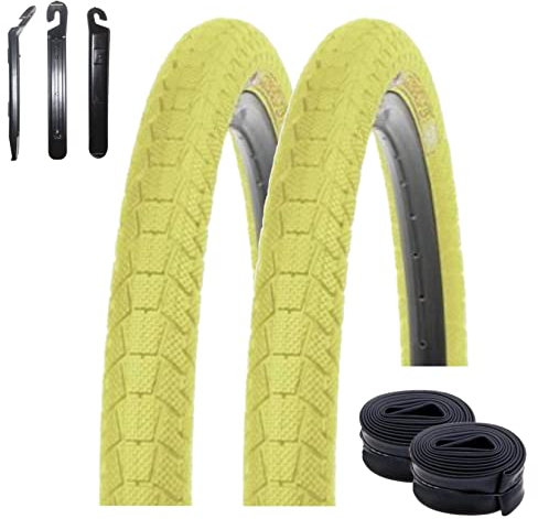 2 x Kenda K-907 Krackpot 20 BMX Fahrradreifen Fahrradmantel in Gelb 50-406 (20 x 1.95) + 2 passende Schläuche AV inkl. 3 Reifenheber