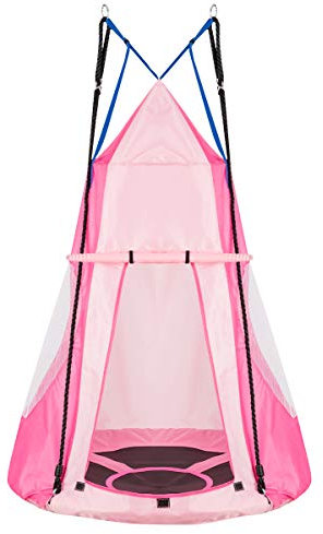 COSTWAY Ø 100cm Nestschaukel mit Zelt, Gartenschaukel bis 150kg belastbar, Kinderschaukel mit Tür und Fenster, Schaukel für Indoor und Outdoor, inkl. höhenverstellbarem hängendem Seil (Rosa)