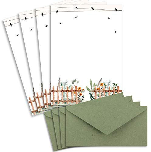 75 Briefbogen-Sets DIN A4 - Naturpapier in Creme mit Blumengarten - mit Briefumschlägen DIN Lang in Kraftpapier Grün Briefpapier bedruckbar ideal für Hochzeitseinladungen