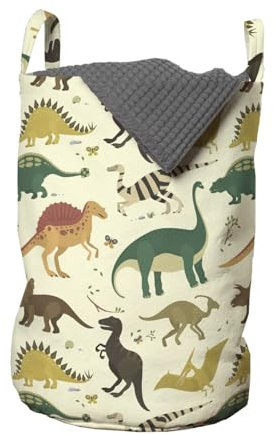 ABAKUHAUS Dinosaurier Wäschesack, Jurassic Cartoon Animals, Wäschekorb mit Griffen Kordelzugverschluss für Waschsalons, 33 cm breit x 49 cm hoch, Creme Braun