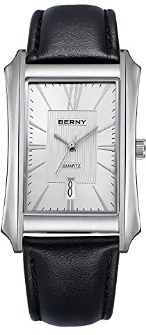 BERNY Rechteckige Herrenuhr Quarzuhr Edelstahlgehäuse Mit Lederarmband