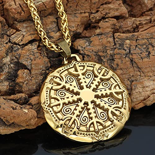 YABEME Vegvisir Kompass Wikinger Halsketten-Anhänger, Nordisches Skandinavisches Isländisches Symbol Edelstahl Vintage Amulett Schmuck, Medaillon-Ornament für Männer und Frauen,Gold