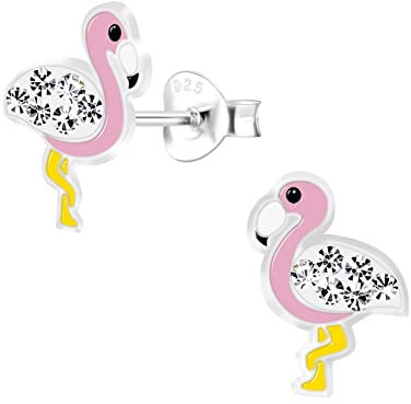 Laimons Kinder Mädchen-Ohrstecker Flamingo Vogel Tier 9 mm Rosa mit Glitzer aus Sterling Silber 925
