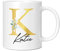 Personalised Letter K Floral Mug Initial with Name, Customised Gift, Gold Effect Printed Letter, NOT Metallic - Ceramic Coffee Cup for Men or Women, Extra Large and Giant Mug, 11oz White Mug