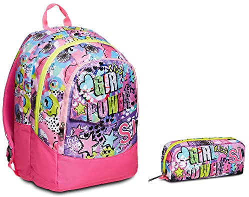 SJ GANG Maxi Fantabulous Rucksack mit zwei Fächern, Rosa, Flip-System, Schule & Freizeit FANTABULOUS Federmäppchen, Rosa, Schule & Freizeit