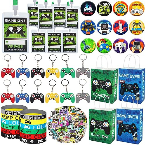 YIIHMEI Gaming Party Bag Fillers 110pcs Video Game Birthday Party Supplies with Goodie Bags Stuffers Incl VIP Pass Lanyards Bracelet Keybuckle Stickers etc for Classroom Prizes and Kids Return Present