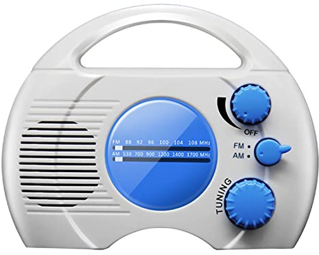 Pilarmuture Shower Radio, Portable AM/FM Shower Radio, Waterproof Hanging Shower Radio Built-in Speaker Adjustable Volume Battery Operated Shower Radios for Bathroom Kitchen, Outdoor(Blue+White)
