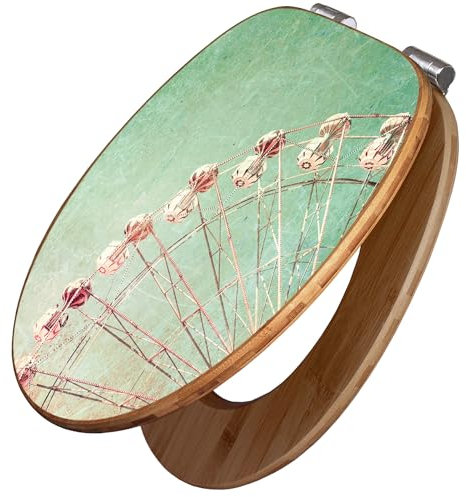 banjado Design WC Sitz Bambus Absenkautomatik 45,8x37,5cm / Toilettendeckel mit Absenkautomatik Holz/hochwertiger Bambus Klodeckel/WC-Sitz für gängigen Toiletten/Motiv Riesenrad 1